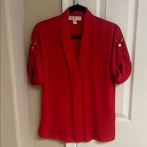 MICHAEL Michael Kors Red Puff Sleeve Blouse with Mandarin Collar